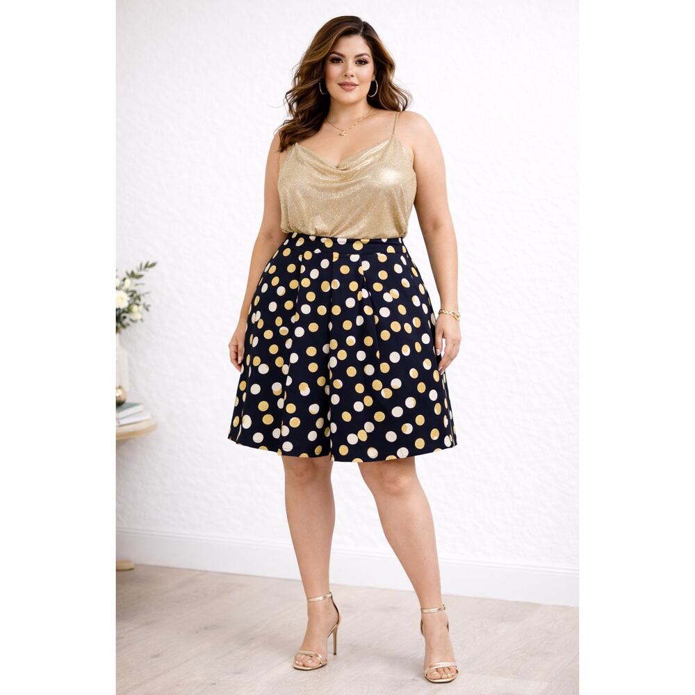 AKRIS PUNTO Gold Leaf Dot Front Pleat Skirt Navy Gold Size 14 New With Tags!